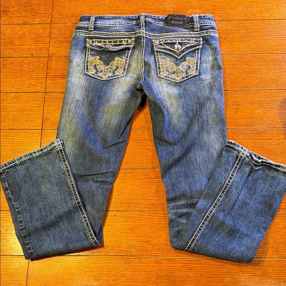 Antique Rivet Blue Boot Cut Jeans with Embellishments